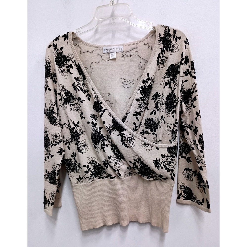 90s VTG Casual Corner Faux Wrap Sweater Womens Large Beige Black Floral Sequin